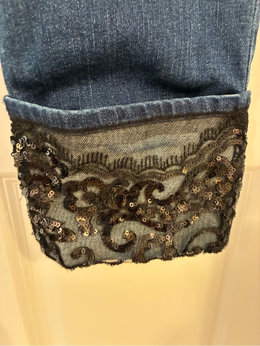 Chico's So Slimming Ankle Embellished Dark Wash Jeans Black Lace Wide Cuffs 1R